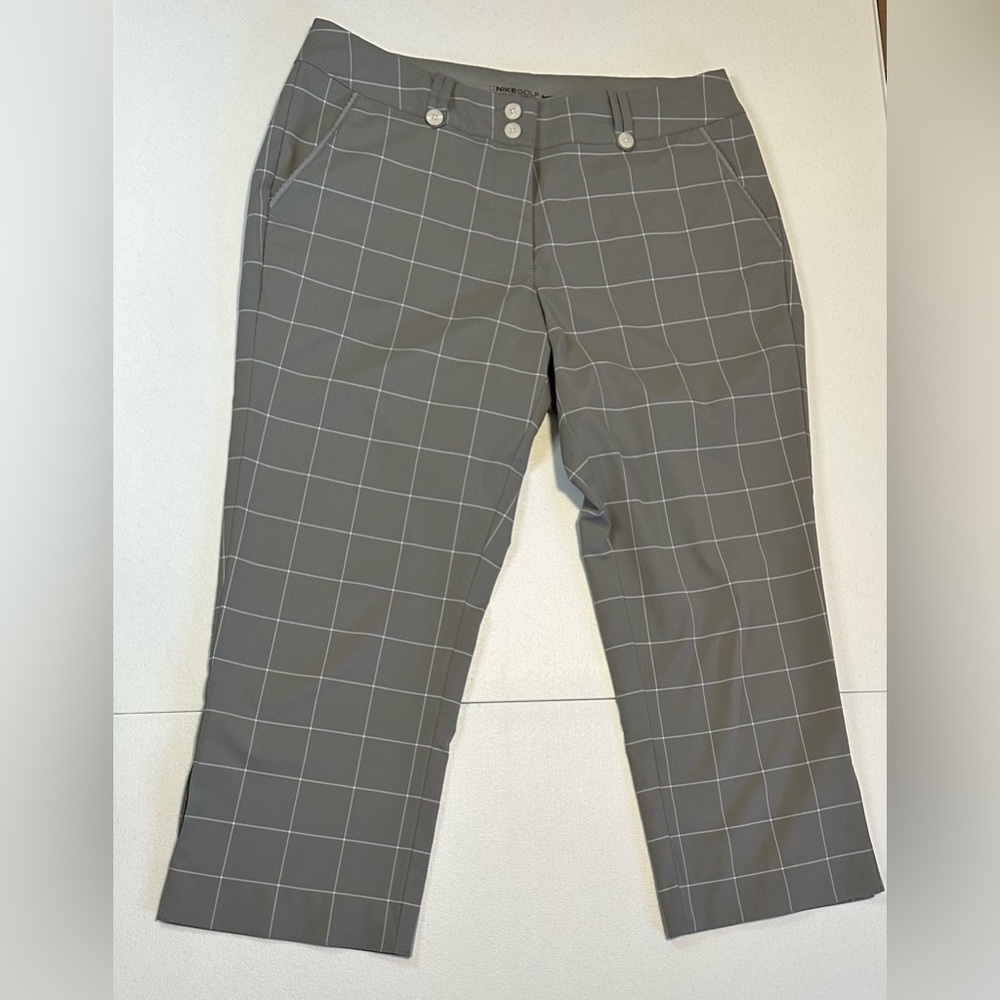 Nike Golf Cropped Pants Size 8 Dri-Fit Gray Checkered Split Hem Pockets Stretch